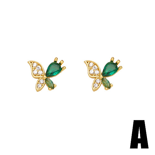 1 paire de clous d'oreilles plaqués or 18 carats, Style Simple et doux, fleur et papillon, incrustation de cuivre et de Zircon