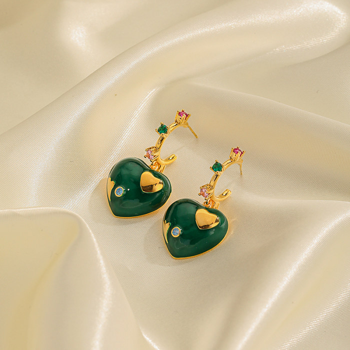 1 par de pendientes de gota chapados en oro de 18K con incrustaciones de esmalte en forma de corazón de estilo Simple informal con incrustaciones de perlas de imitación de cobre y circonita