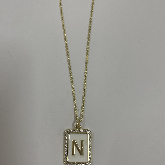 Simple Style Letter Rectangle Brass Plating Inlay Zircon 14K Gold Plated Pendant Necklace