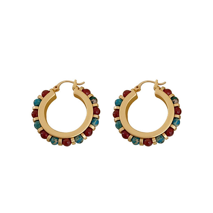 1 Pair Retro Round Handmade Natural Stone Shell Copper Earrings