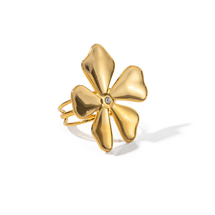 IG Style Flower Stainless Steel Plating Inlay Rhinestones 18K Gold Plated Rings