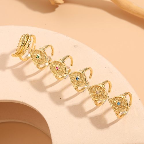 IG Style Retro Leaves Coin Copper Asymmetrical Plating Inlay Zircon 14K Gold Plated Open Rings