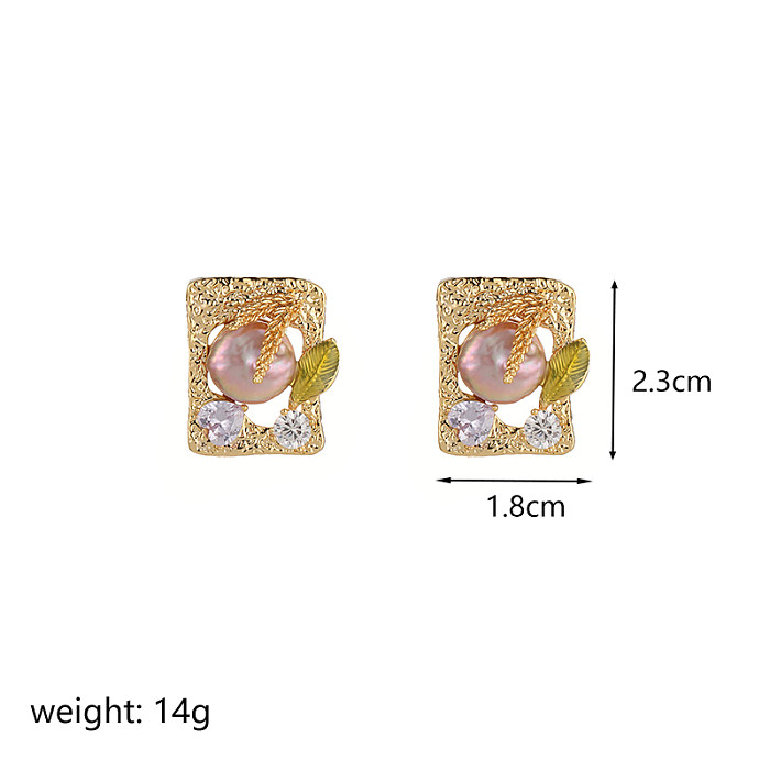 1 paire de clous d'oreilles plaqués or 18 carats, Style Simple, feuille en forme de cœur, incrustation de grains, perle en cuivre et Zircon