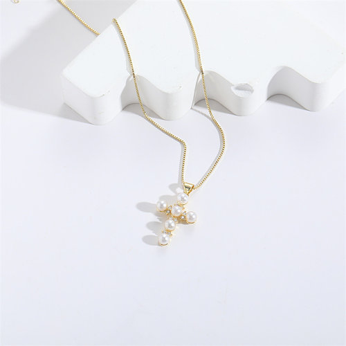 1 Piece Fashion Cross Copper Chain Inlay Pearl Zircon Pendant Necklace
