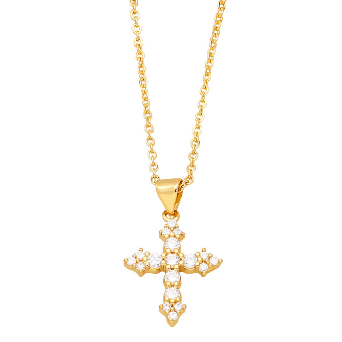 Schlichter Stil Kreuz-Kupfer-vergoldete Zirkon-Anhänger-Halskette, 1 Stück