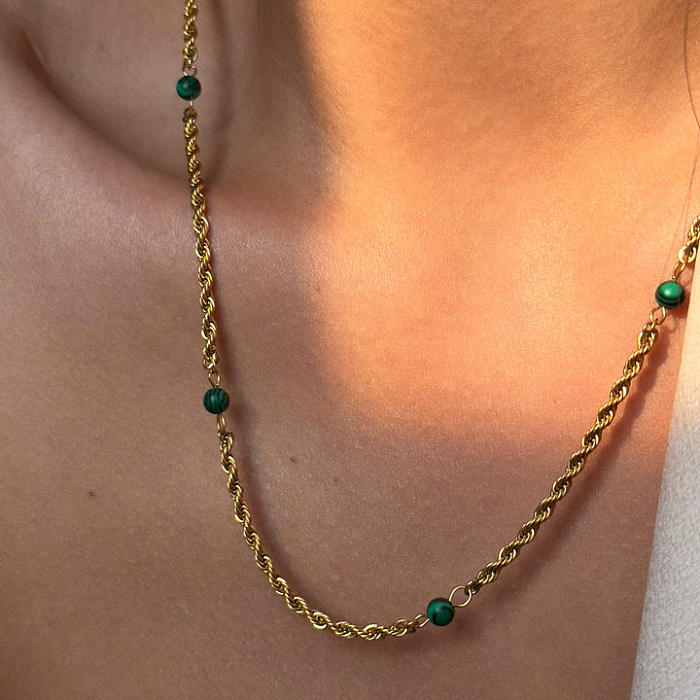 IG Style Elegant Round Stainless Steel Malachite Freshwater Pearl 18K Gold Plated Bracelets Anklet Necklace