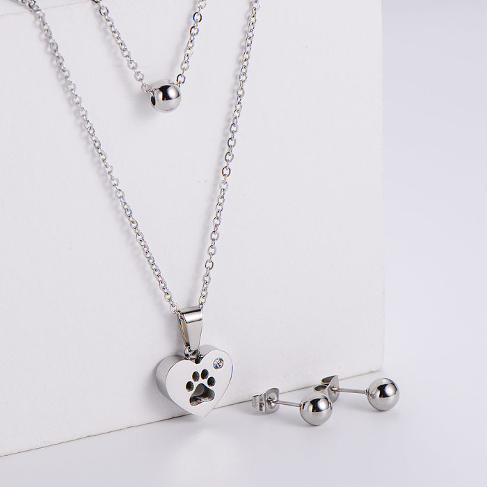 Round Bead Earrings Heart Shape Dog Footprint Pendant Necklace Three-piece Wholesale jewelry