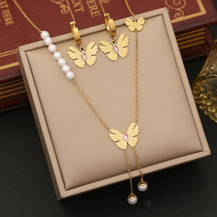 IG Style romantique papillon en acier inoxydable placage incrustation de diamants artificiels Bracelets boucles d'oreilles collier