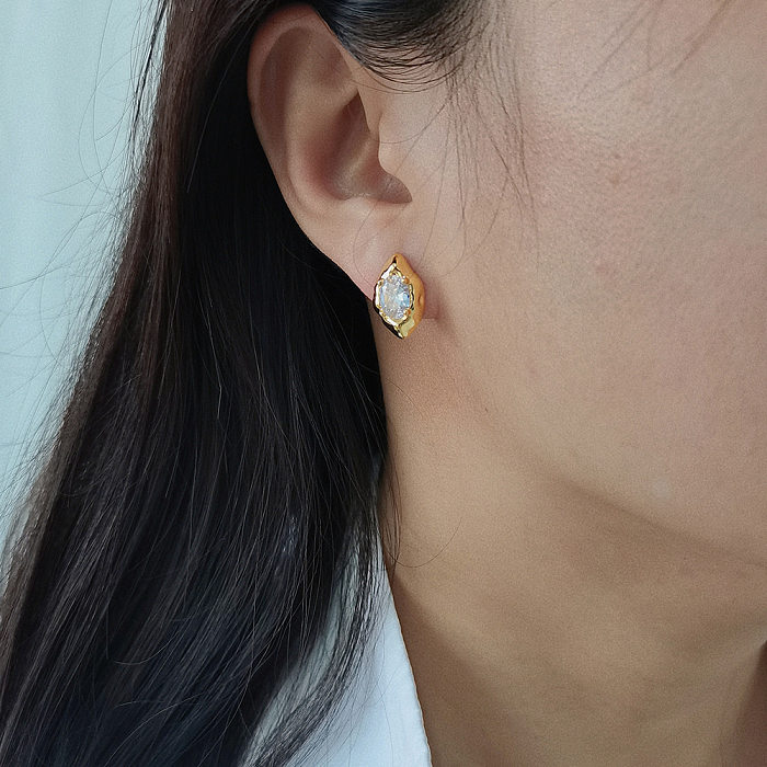 1 Pair Vintage Style Oval Inlay Copper Natural Stone Zircon Ear Studs