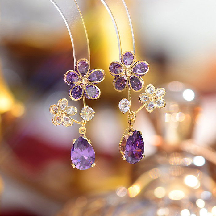 1 Pair Elegant Glam French Style Water Droplets Flower Plating Inlay Copper Zircon 14K Gold Plated Drop Earrings