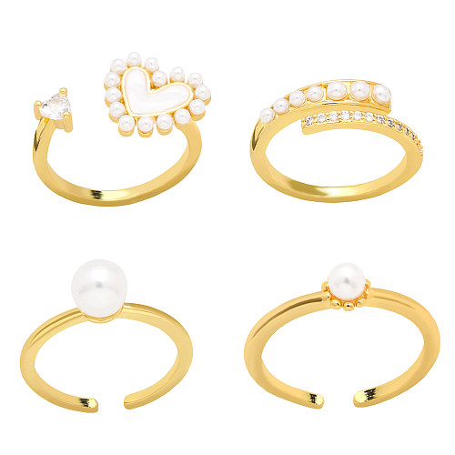 Eleganter offener Ring in geometrischer Herzform, Kupfer, vergoldet, künstliche Perlen, Zirkon, 1 Stück