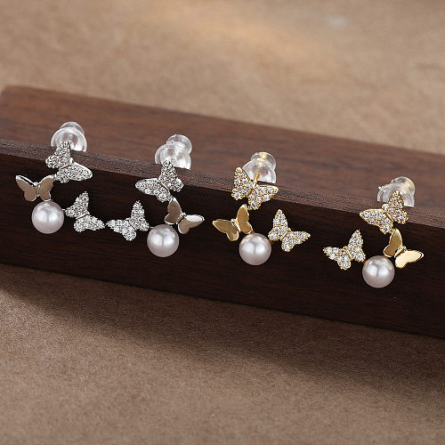 1 paire de boucles d'oreilles pendantes en cuivre et Zircon plaqué or, Style Simple, incrustation de papillon
