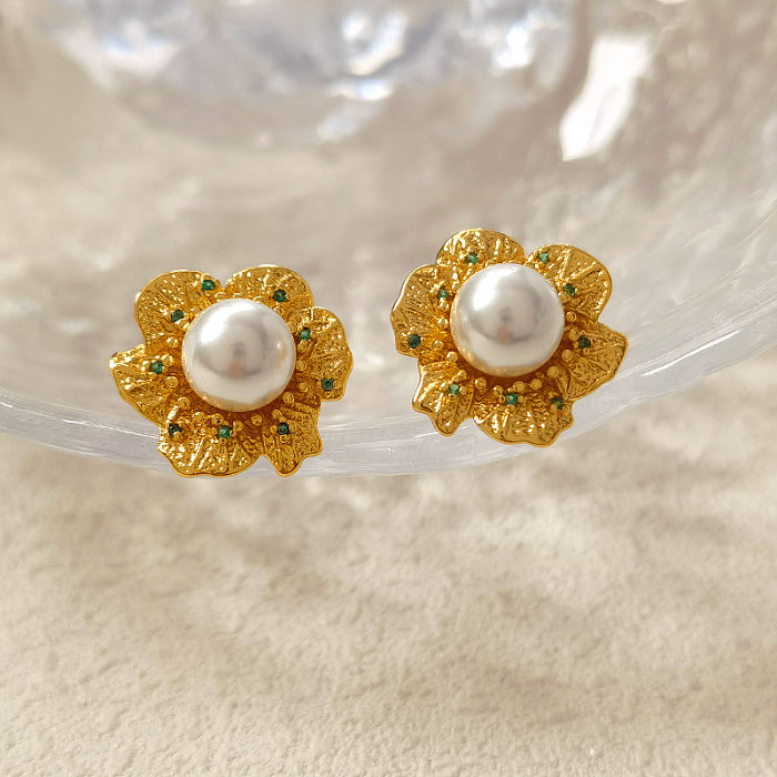 1 Pair Fashion Flower Copper Plating Inlay Artificial Pearls Zircon Ear Studs