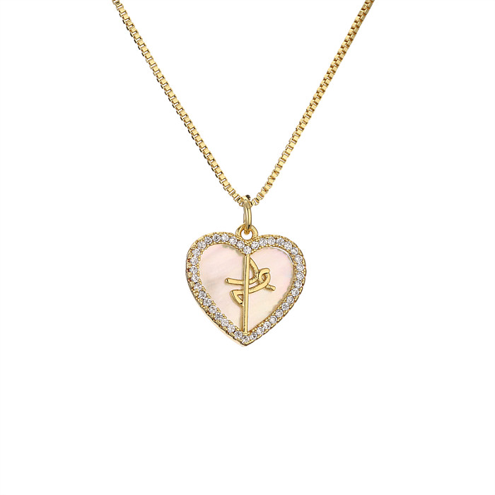 Simple Style Heart Shape Copper Plating Inlay Shell Zircon Gold Plated Pendant Necklace