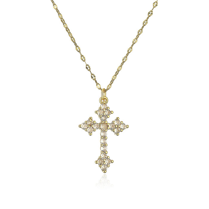 Classic Style Shiny Cross Heart Shape Copper Inlay Artificial Pearls Zircon Pendant Necklace