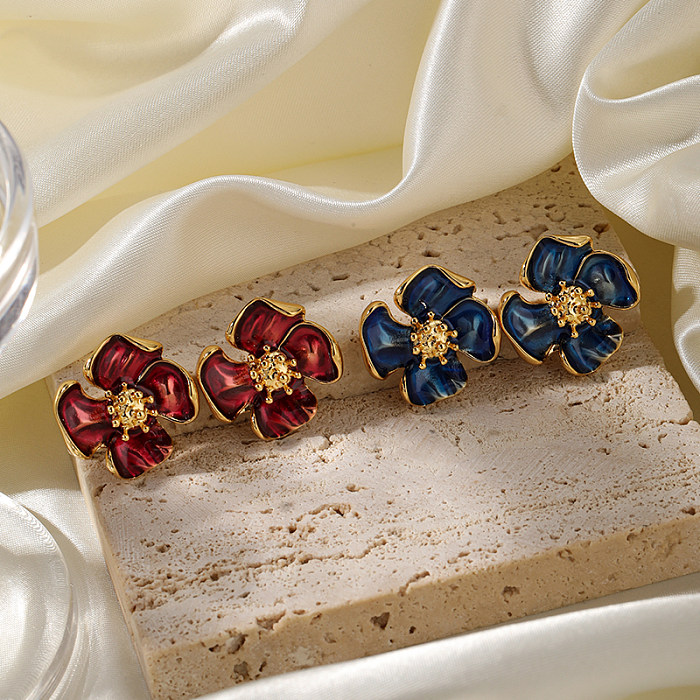 1 paire de clous d'oreilles en cuivre plaqué or 18 carats, Style Simple et doux, fleur émaillée