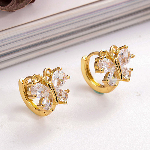1 Paar IG-Stil, einfacher Stil, sechseckig, herzförmig, Schmetterlingsüberzug, ausgehöhltes Inlay, Kupfer-Zirkon, 18 Karat vergoldete Ohrringe