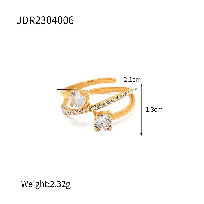 INS Style coréen géométrique en acier inoxydable asymétrique placage incrustation Zircon plaqué or 18K anneau ouvert