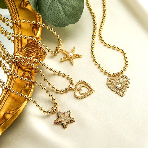 Shiny Pentagram Heart Shape Copper Plating Inlay Zircon Gold Plated Pendant Necklace