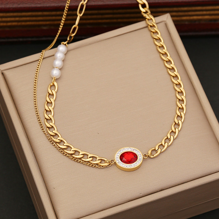 Modische ovale Edelstahl-Perlenbeschichtung mit Inlay-Zirkon-Armbändern, Ohrringen und Halsketten