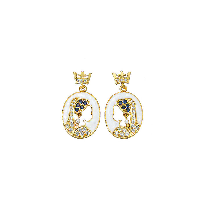 1 paire de boucles d'oreilles pendantes en cuivre plaqué or 18 carats, Portrait Glam élégant, incrustation de perles artificielles en Zircon