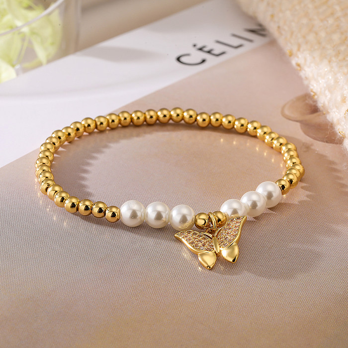 Simple Style Commute Butterfly Imitation Pearl Copper Plating Inlay Zircon 18K Gold Plated Bracelets