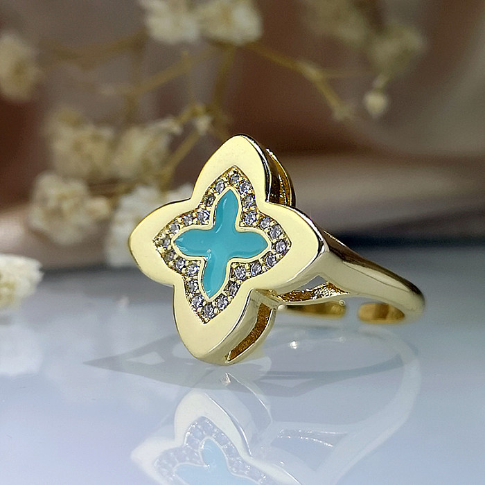 Casual Commute Four Leaf Clover Copper Enamel Plating Inlay Zircon Gold Plated Open Ring