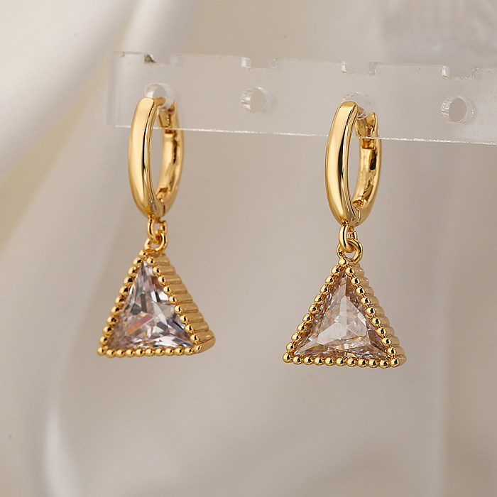 1 Paar schlichte Pendel-Ohrringe mit dreieckiger Beschichtung, Kupfer-Zirkon, 18 Karat vergoldet