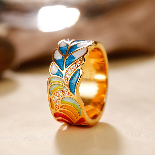 Anéis elegantes de zircão com incrustação de epóxi de cobre com folhas retrô