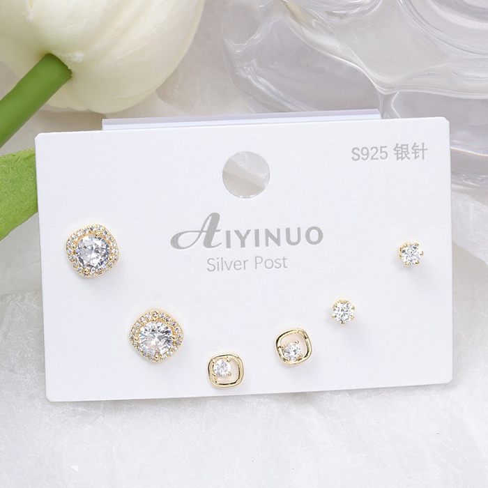 Fashion Flower Copper Inlay Artificial Gemstones Ear Studs 3 Pairs