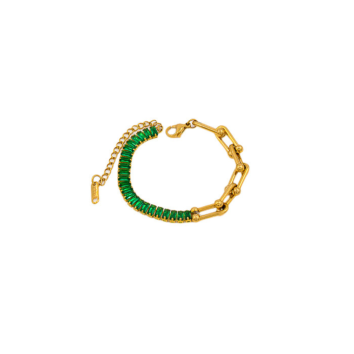 Urlaubs-Armband-Halskette mit rechteckiger Edelstahl-Beschichtung, Inlay, Zirkon, 18 Karat vergoldet