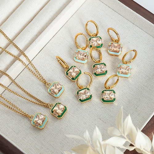 Luxuriöse, glänzende, quadratische Ohrringe mit 18 Karat vergoldeter Ohrringe-Halskette aus Titanstahl mit Inlay und Zirkon
