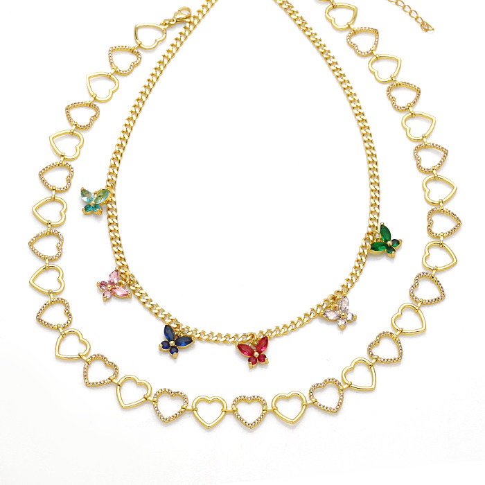 Hip-Hop Streetwear Heart Shape Butterfly Copper 18K Gold Plated Zircon Necklace In Bulk