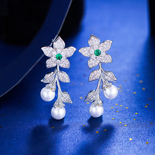 1 Pair Simple Style Flower Plating Inlay Copper Artificial Gemstones Artificial Pearls White Gold Plated Rhodium Plated Ear Studs