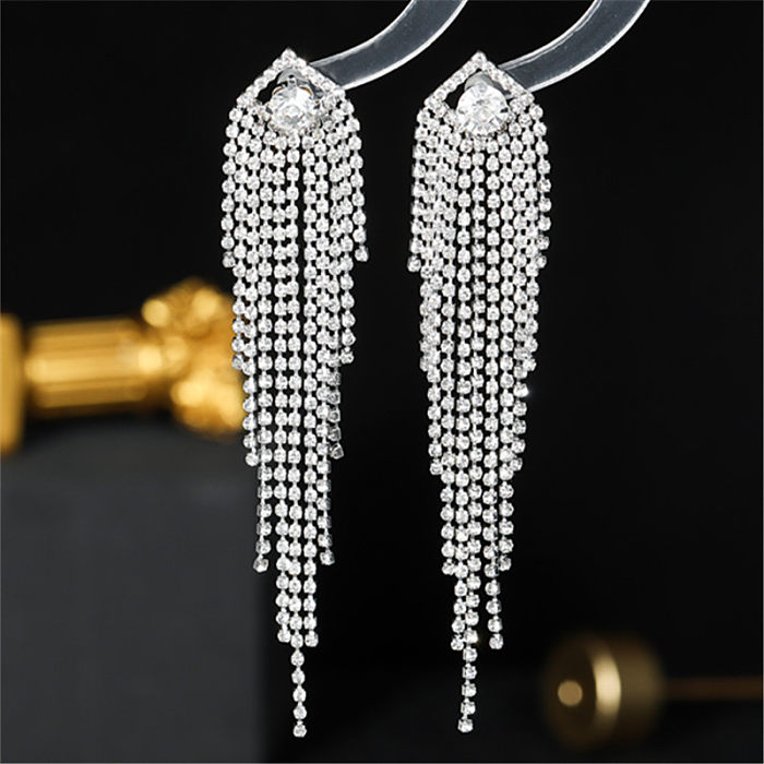 1 Pair Shiny Tassel Plating Inlay Copper Rhinestones Silver Plated Drop Earrings