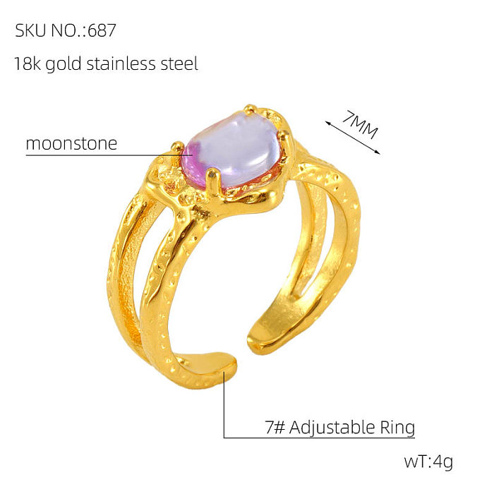 Elegante retro redondo quadrado chapeamento de aço inoxidável incrustação pedra luminosa strass zircão 18k banhado a ouro anel aberto