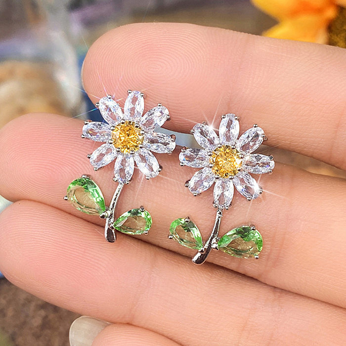 Sweet Flower Copper Ear Studs Plating Inlay Zircon Copper Earrings