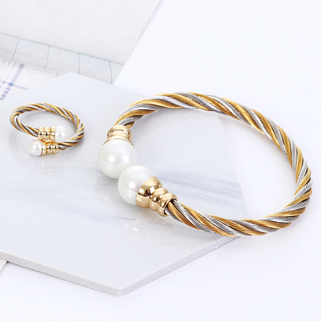 Fashion Twist Stainless Steel Braid Artificial Pearls Women'S Rings Bracelets