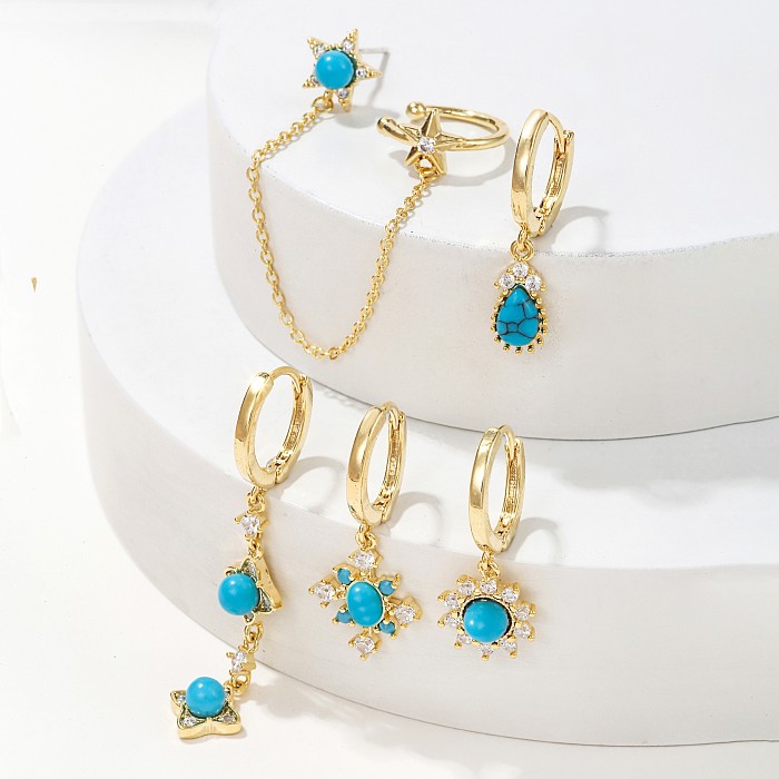 Casual Simple Style Pentagram Tassel Brass Plating Chain Inlay Turquoise Zircon 18K Gold Plated Earrings