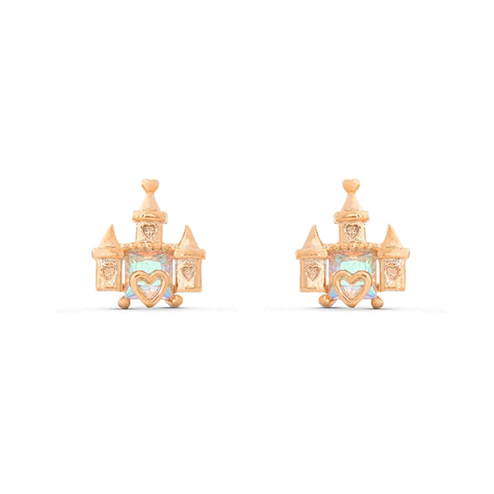 Pendientes chapados en oro de 18 quilates con incrustaciones de latón con forma de corazón y oso de castillo de estilo simple y lindo