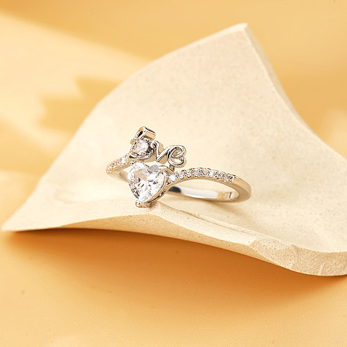 Estilo moderno forma de coração chapeamento de cobre incrustações strass zircão anéis banhados a ouro branco