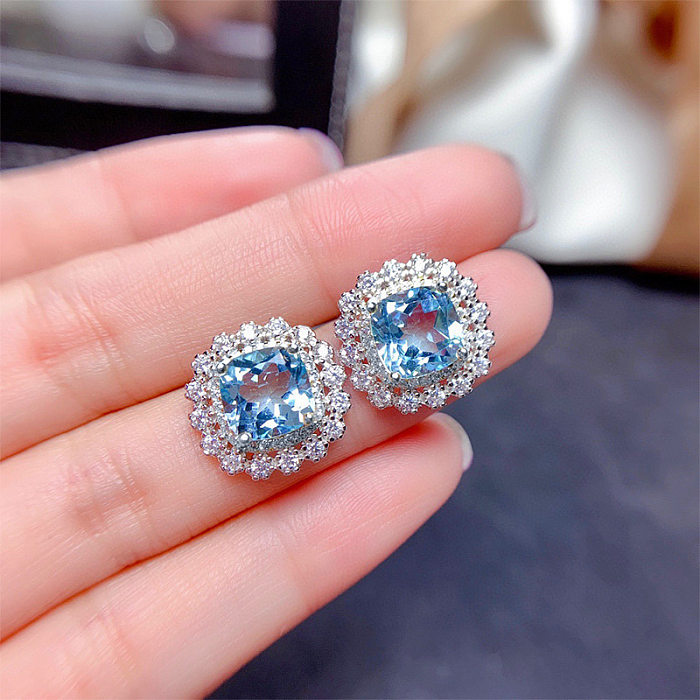 Luxury Copper Inlaid Colored Zircon Necklace Sea Blue Earrings Ring