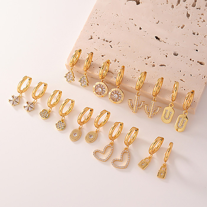 1 Pair Casual Simple Style Round Heart Shape Lock Inlay Copper Zircon Earrings