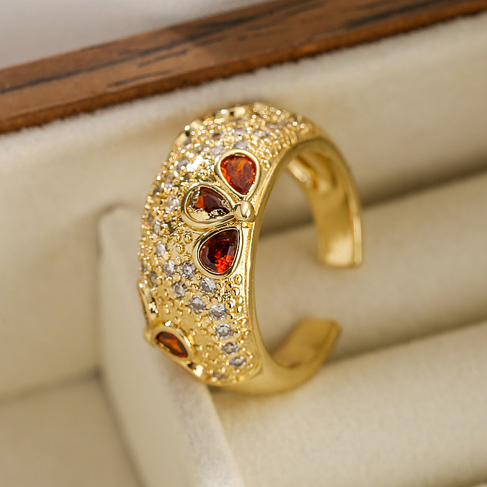 Offener Ring mit Wassertropfen, Herzform, Kupferbeschichtung, Inlay aus Zirkon, 18 Karat vergoldet