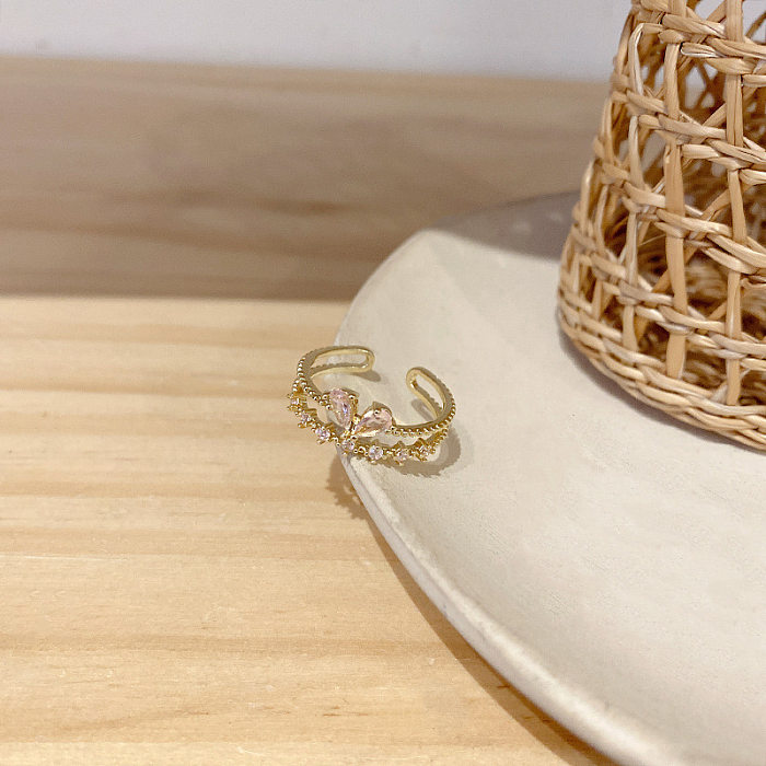 Offener Ring mit Retro-Blumen-Kupfer-Inlay und Zirkon, 1 Stück