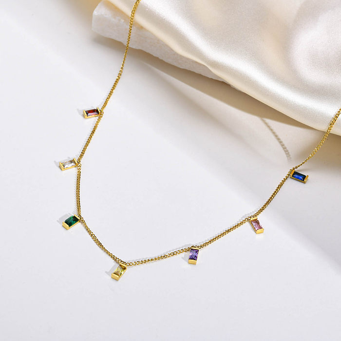 Estilo simples retângulo chapeamento de aço inoxidável inlay zircão banhado a ouro pulseiras colar