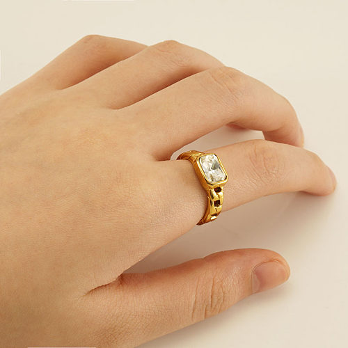 Offener Ring im Retro-Stil mit rechteckiger Edelstahlbeschichtung und Zirkoneinlage, 18 Karat vergoldet