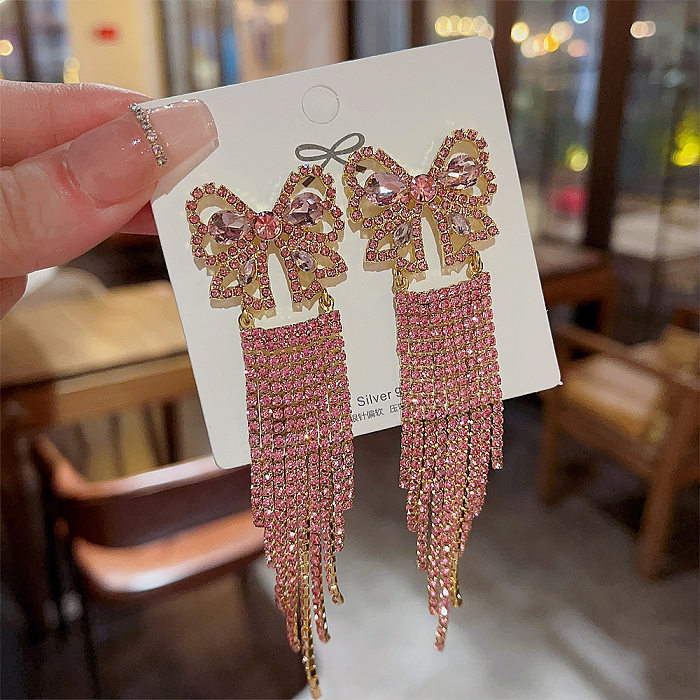 1 Pair Exaggerated Sweet Tassel Butterfly Inlay Copper Rhinestones Drop Earrings