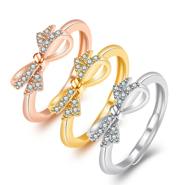 Simple Style Bow Knot Copper Plating Inlay Zircon Open Rings
