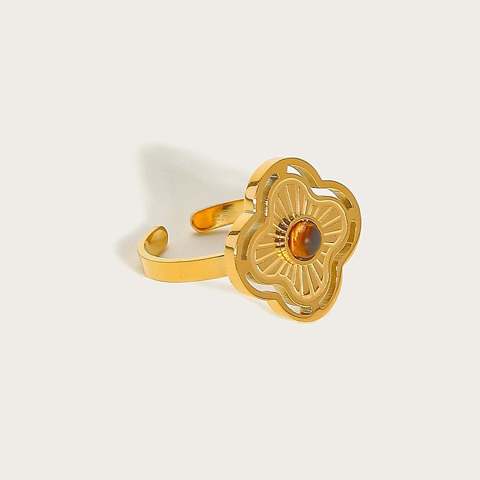 Retro Flower Stainless Steel 18K Gold Plated Opal Open Ring In Bulk